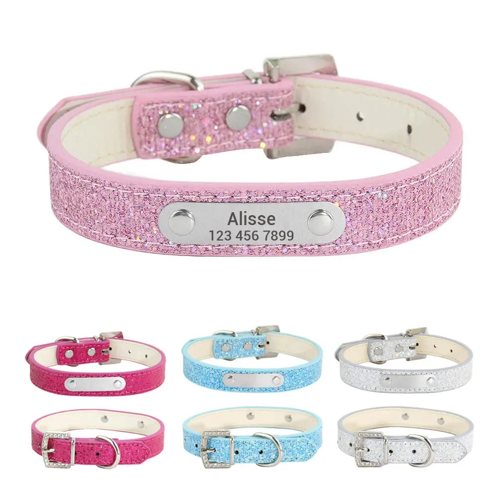 Reflective Dog Collar Personalized Engraved - Custom Bling Leather Dog Collar with