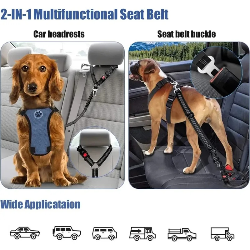 Dog Seat Belt Harness Safety Tether - 2-in-1 Adjustable Reflective Dog Car Seat